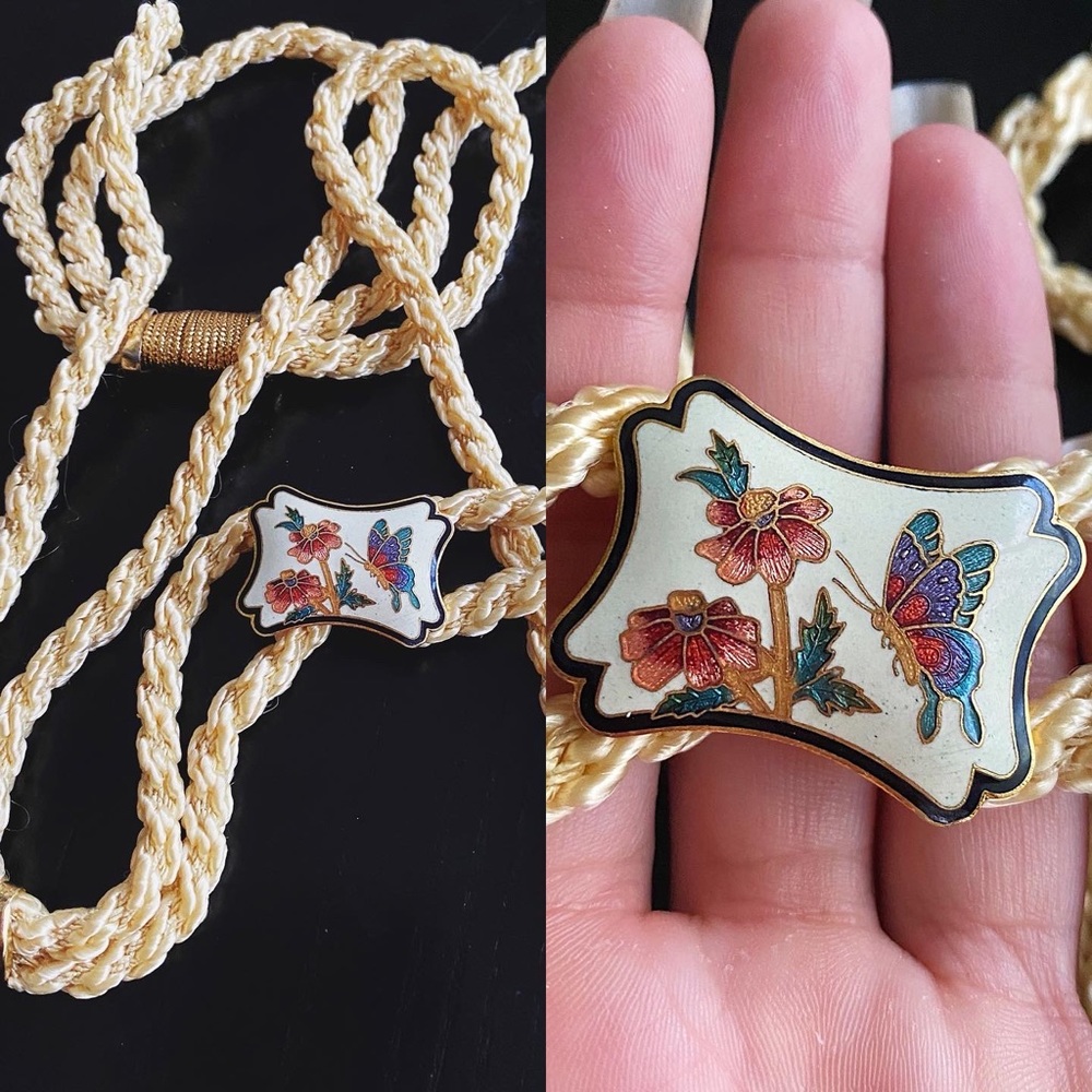 Vintage Cream Rope Belt with Cloisonné Butterfly Buckle